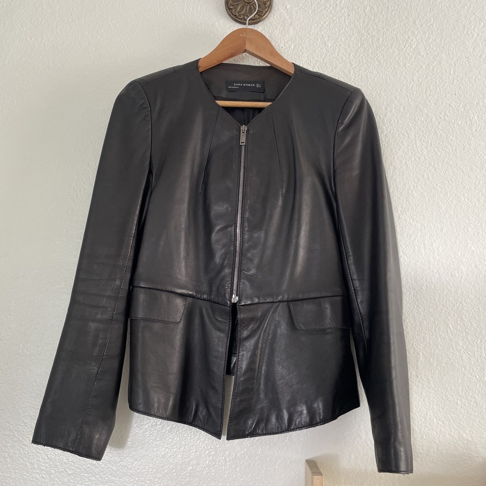 Zara Women's Med Black Lamb Leather Classic‎ Moto Jacket